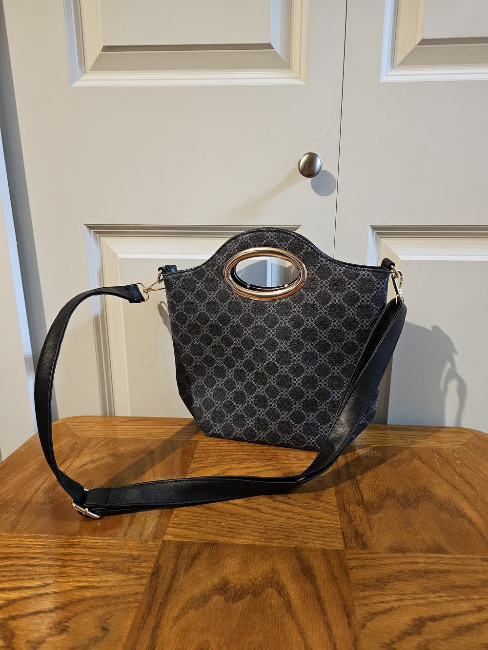 Black Patterned Shoulder Bag with Gold Oval Handle
